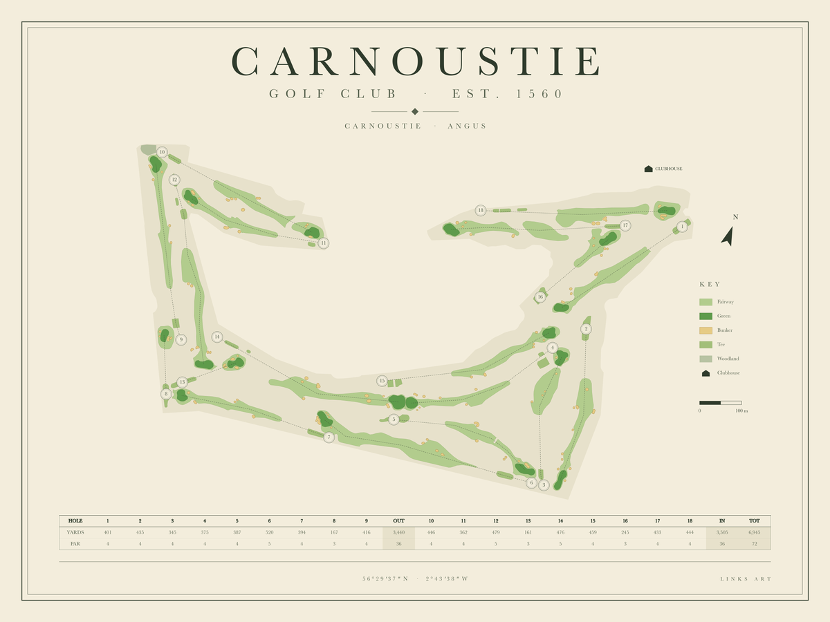 Carnoustie golf course map poster, landscape
