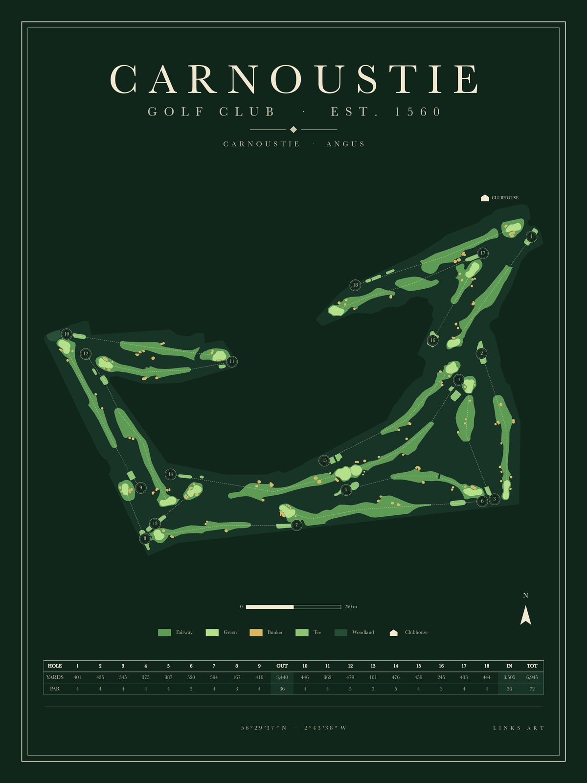 Carnoustie golf course map poster, Fescue, portrait