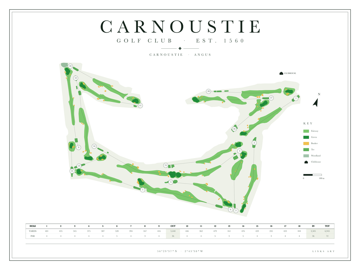 Carnoustie golf course map poster, Chalk, landscape