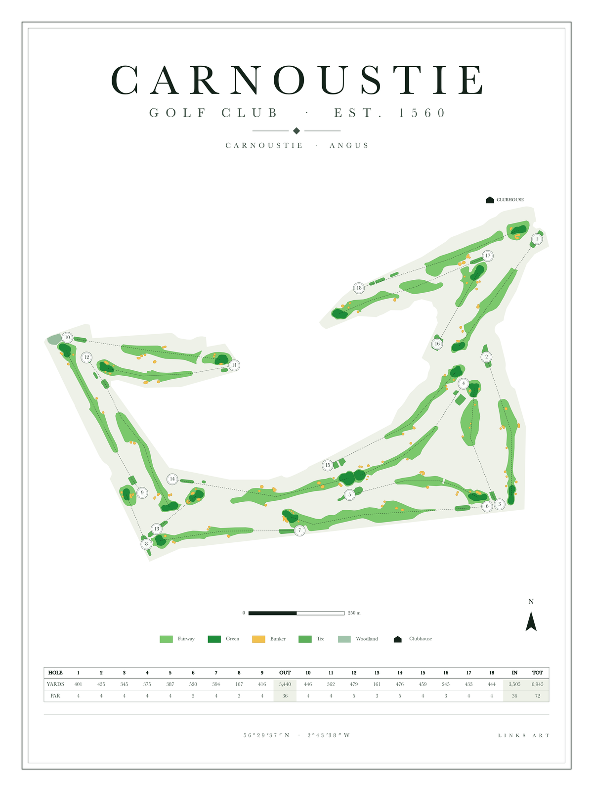 Carnoustie golf course map poster, Chalk, portrait