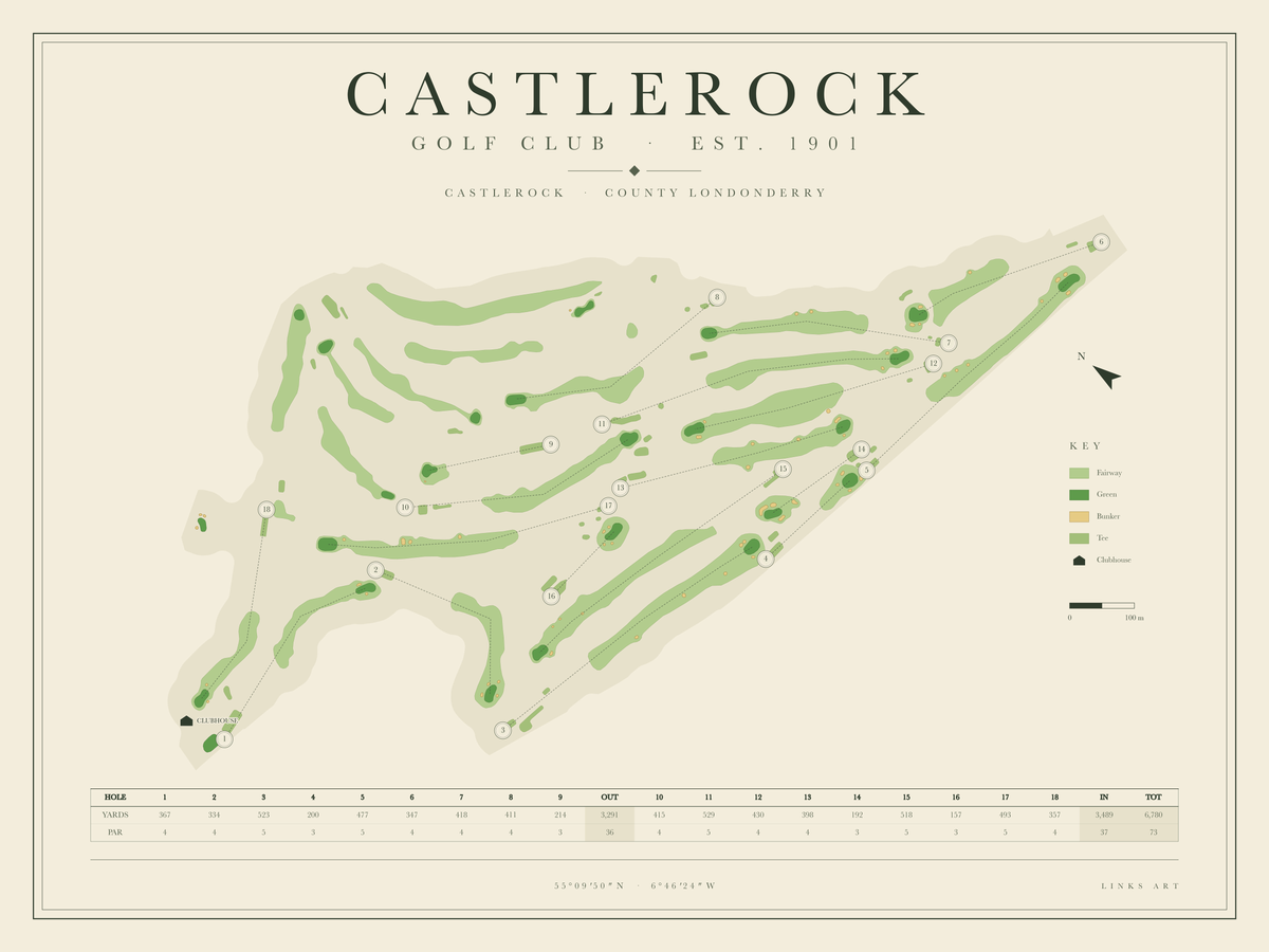 Castlerock golf course map poster, landscape