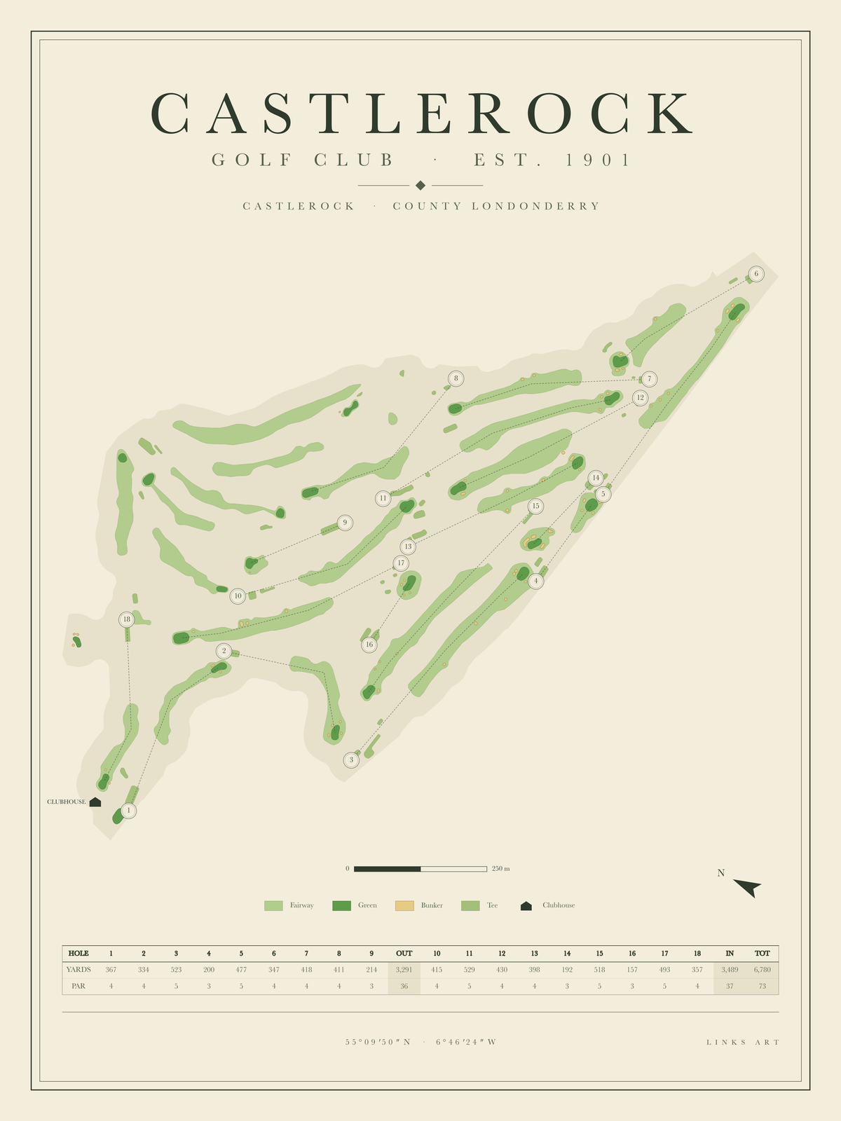 Castlerock golf course map poster, portrait