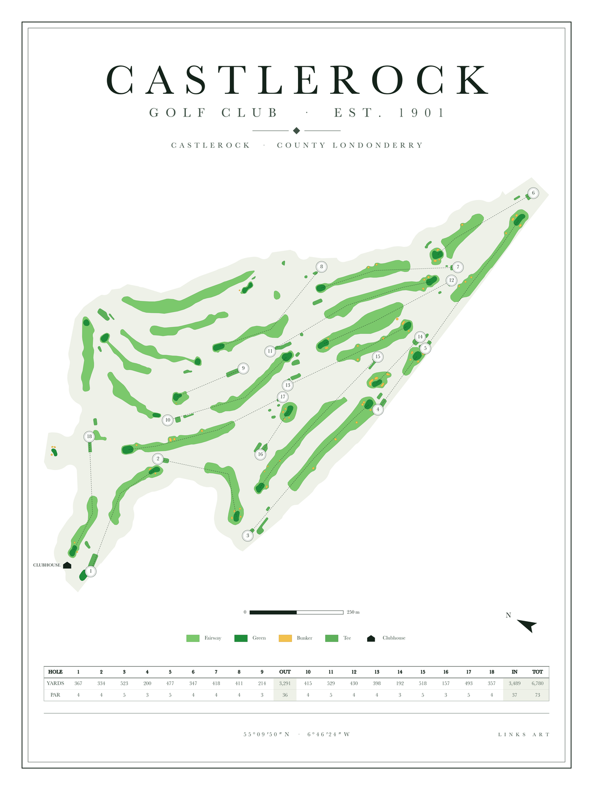 Castlerock golf course map poster, Chalk, portrait