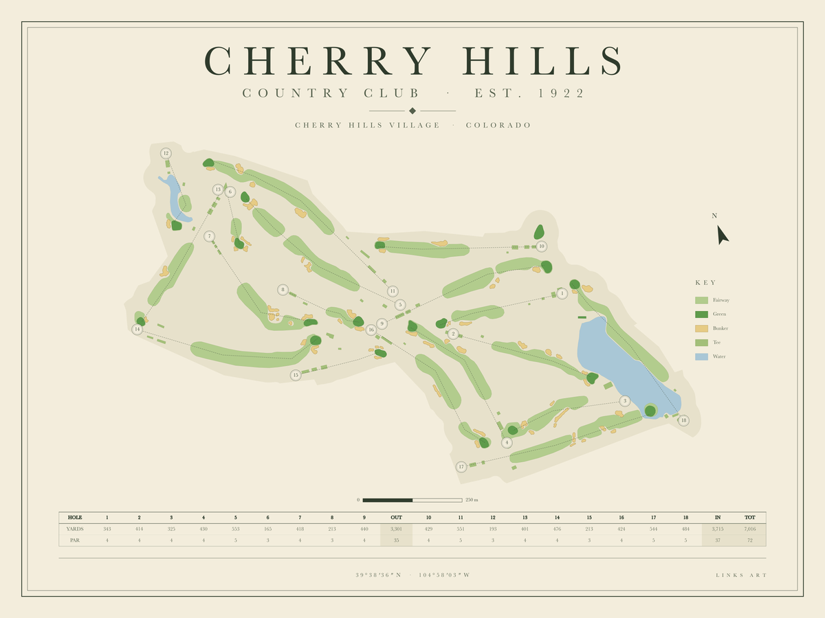 Cherry Hills golf course map poster, landscape