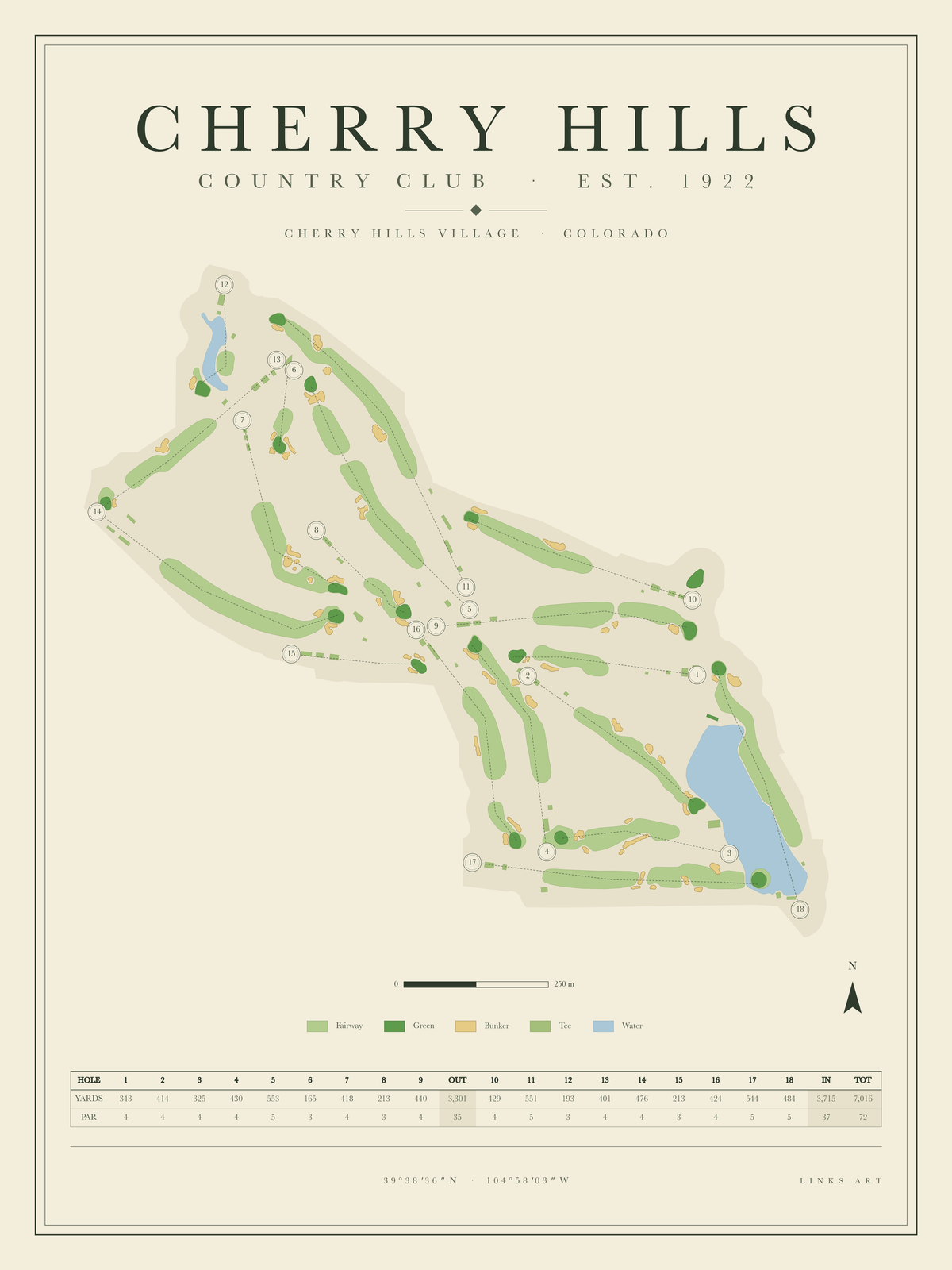 Cherry Hills golf course map poster, portrait
