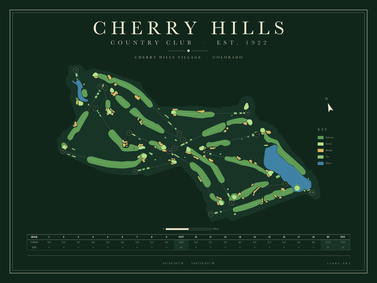 Cherry Hills golf course map poster, Fescue, landscape