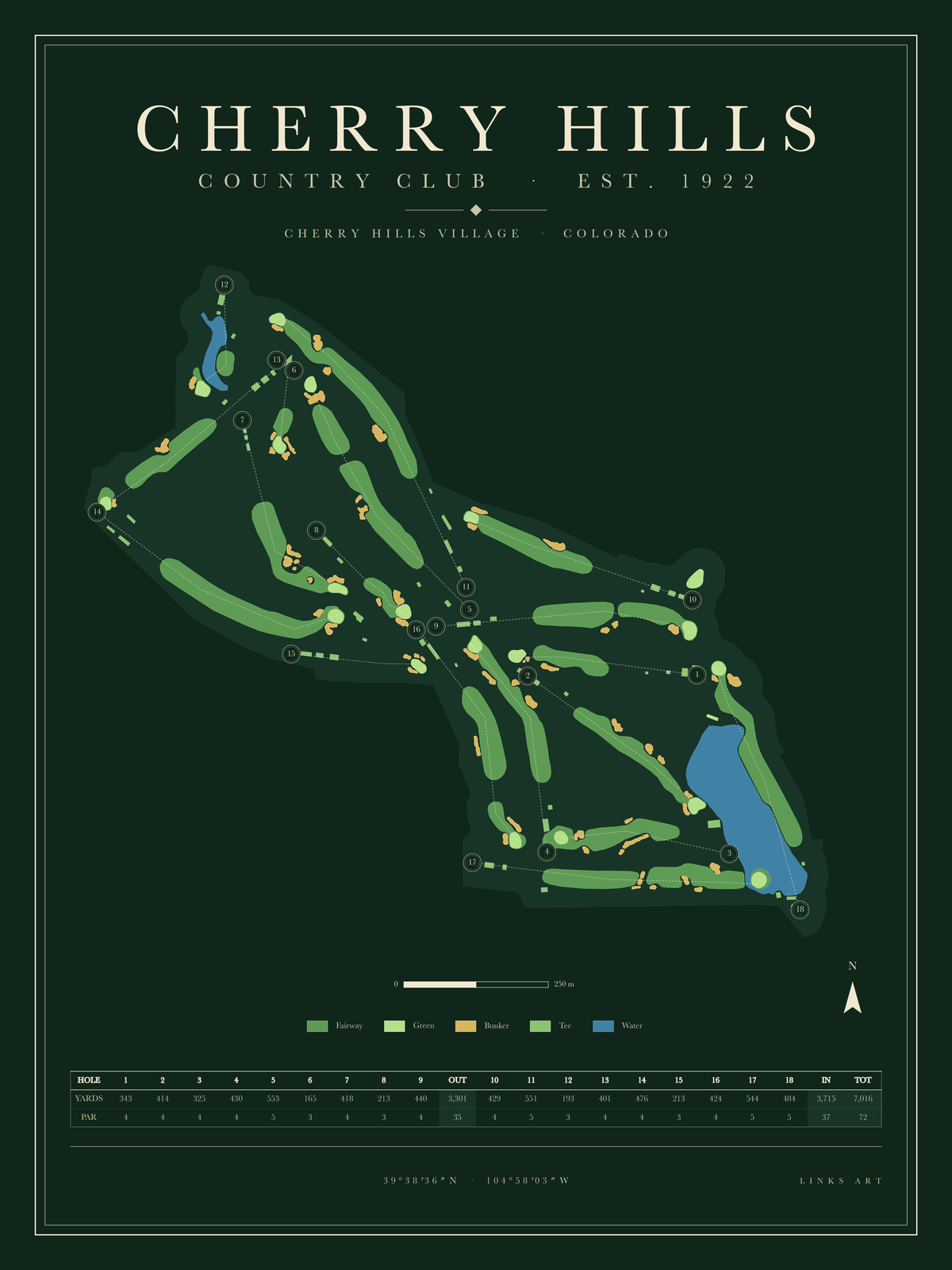 Cherry Hills golf course map poster, Fescue, portrait