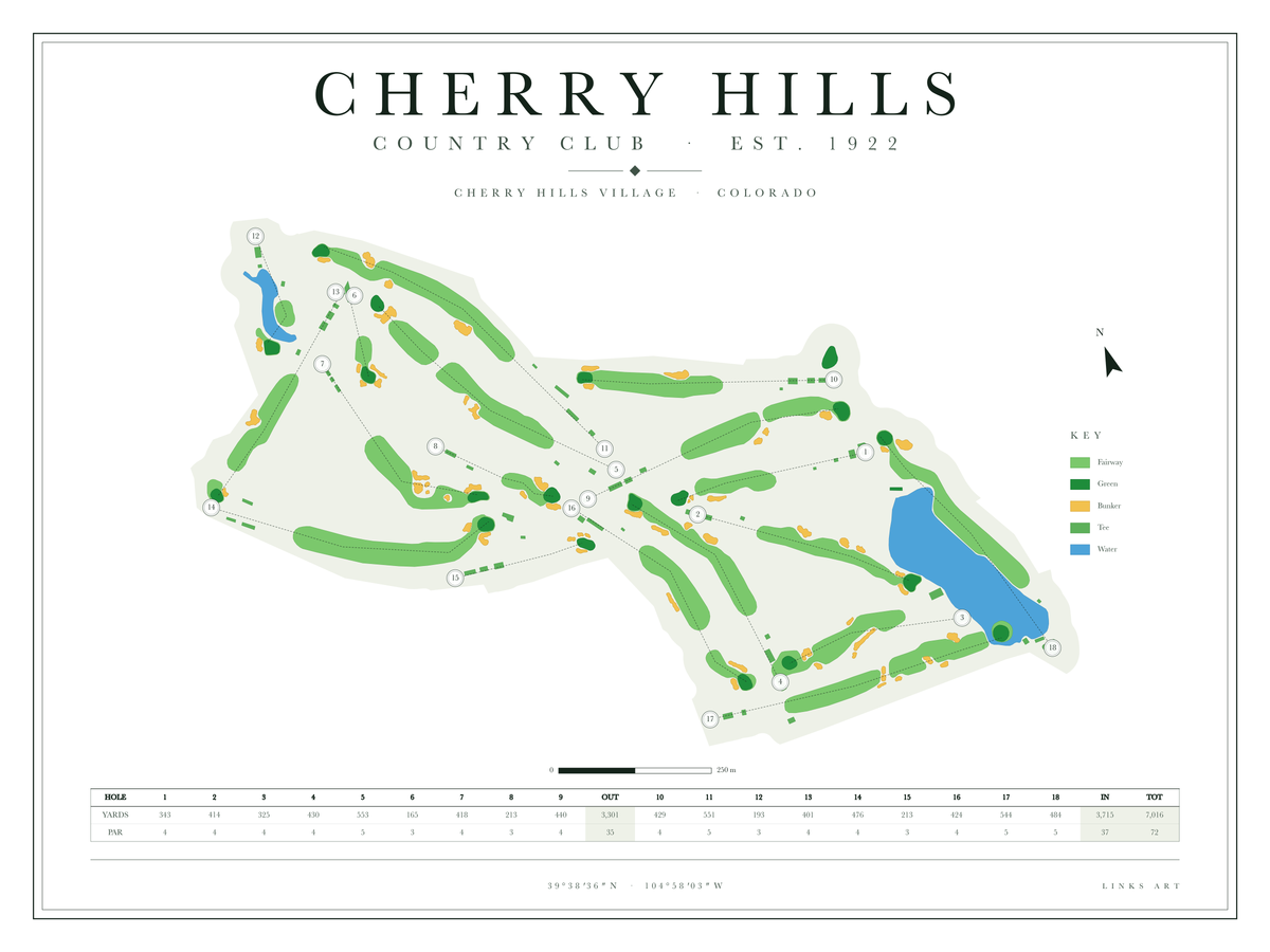 Cherry Hills golf course map poster, Chalk, landscape