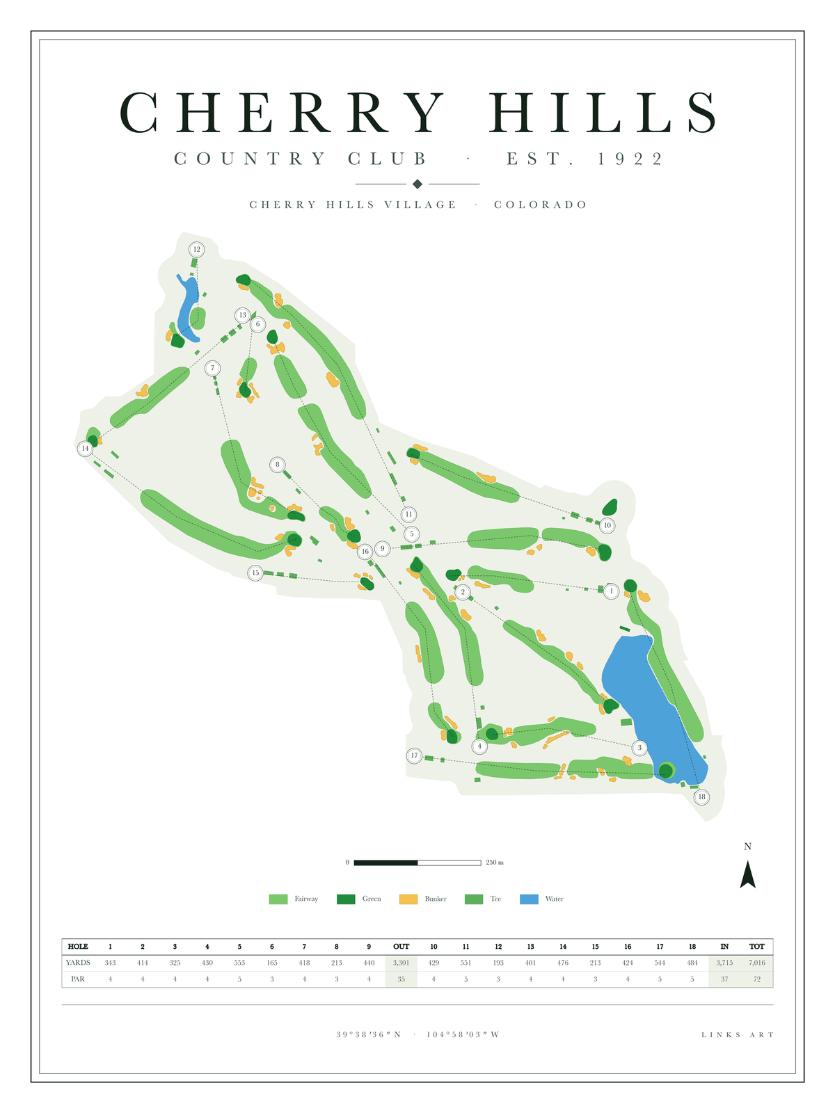 Cherry Hills golf course map poster, Chalk, portrait
