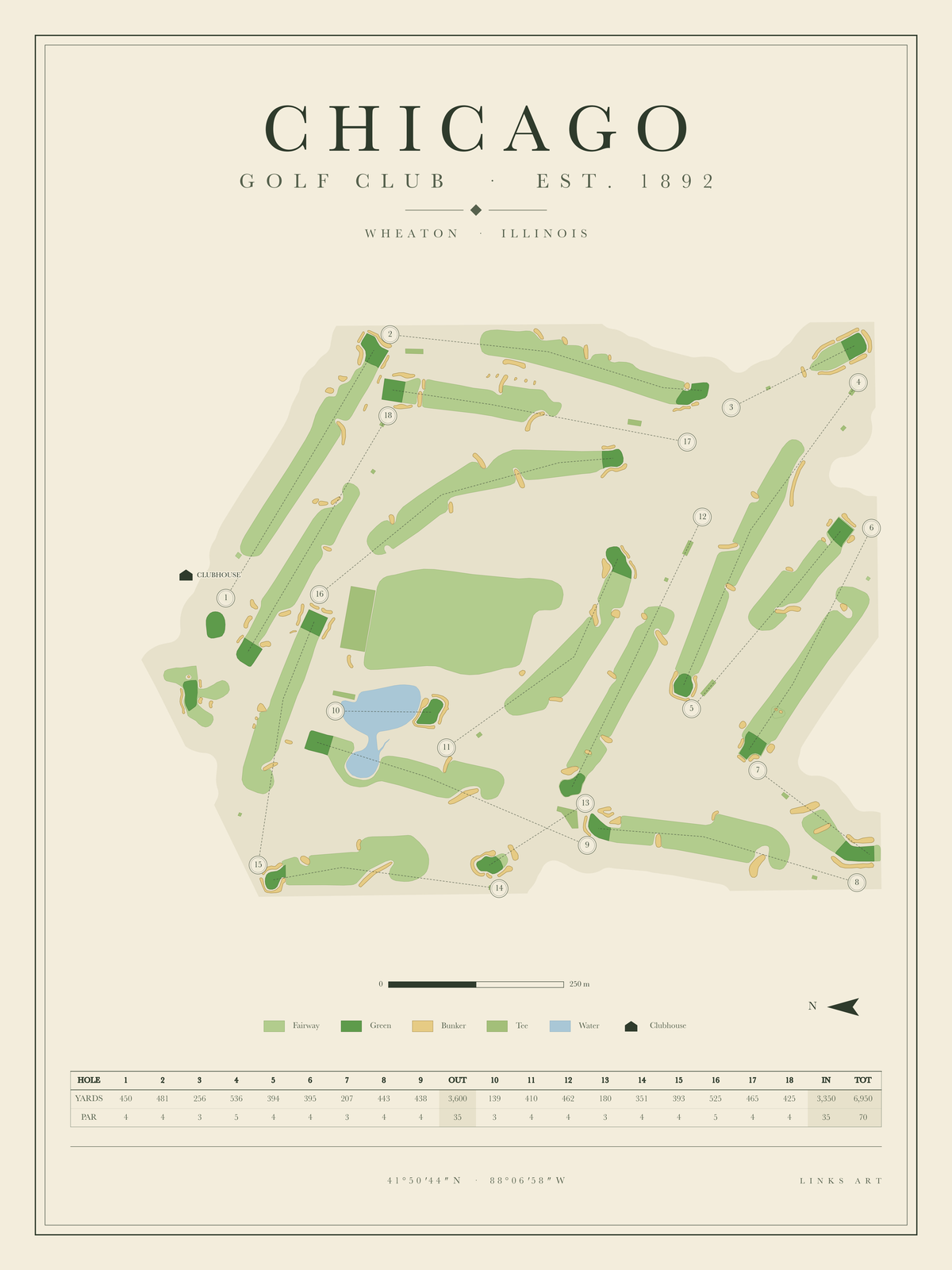 Chicago golf course map poster, portrait