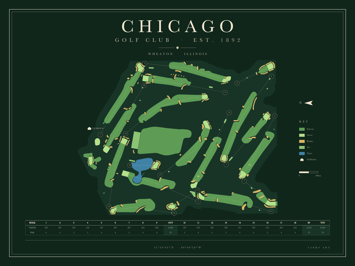 Chicago golf course map poster, Fescue, landscape