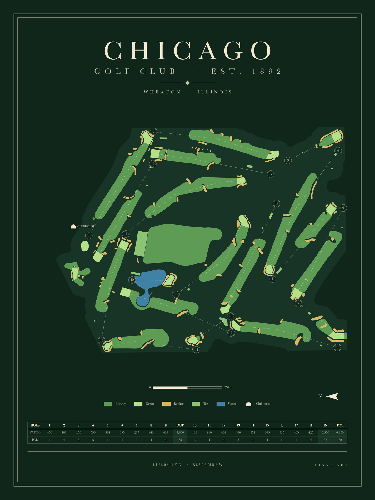 Chicago golf course map poster, Fescue, portrait