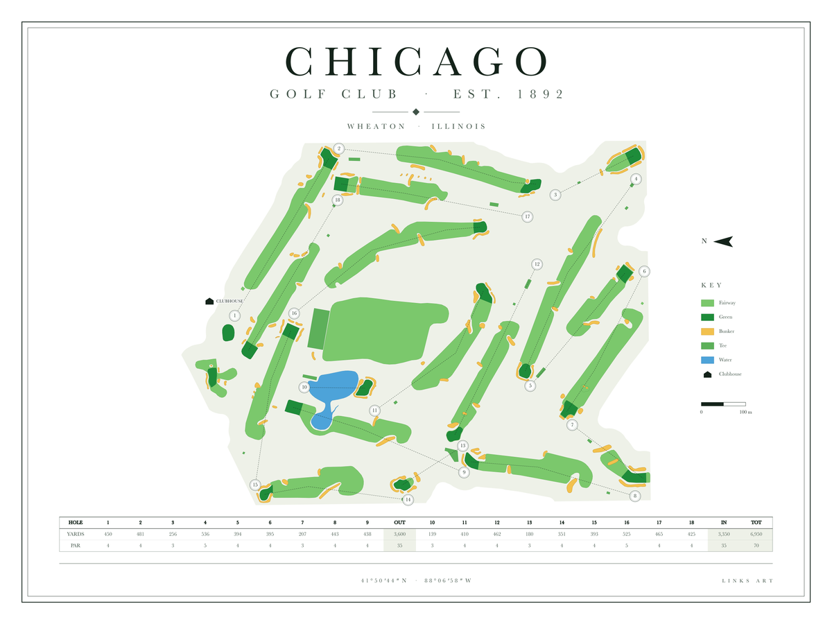 Chicago golf course map poster, Chalk, landscape