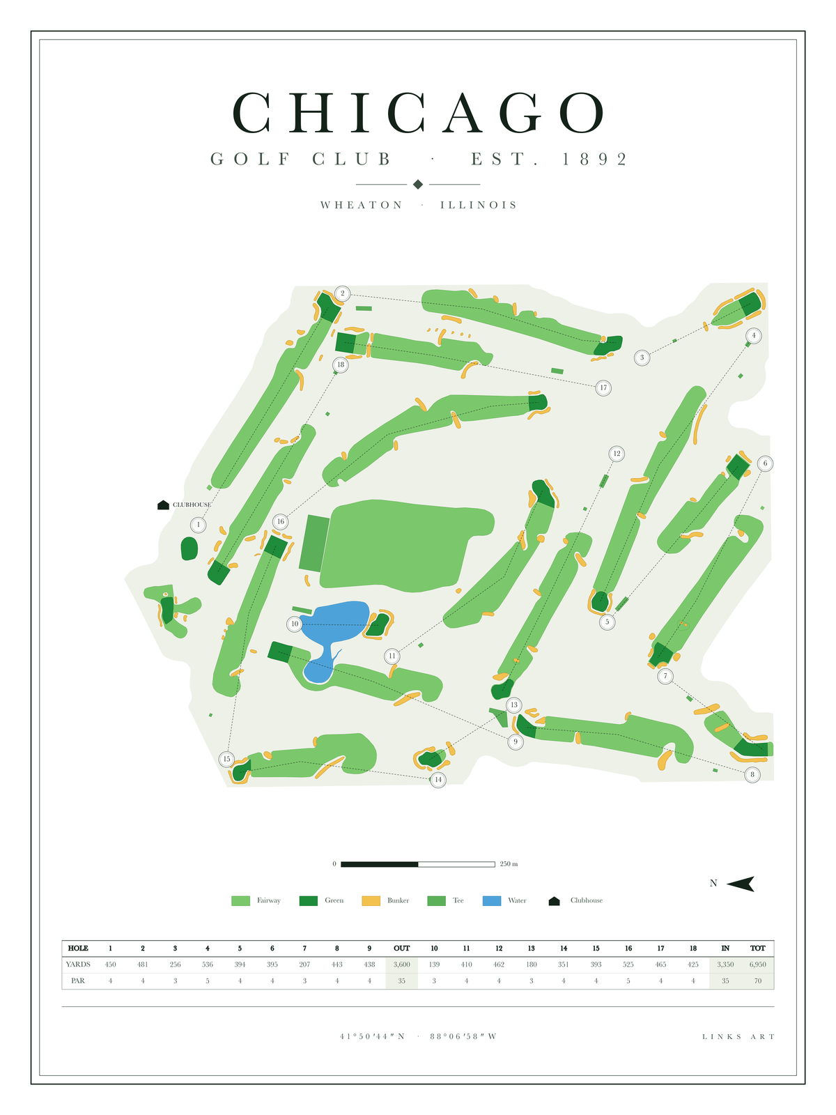 Chicago golf course map poster, Chalk, portrait