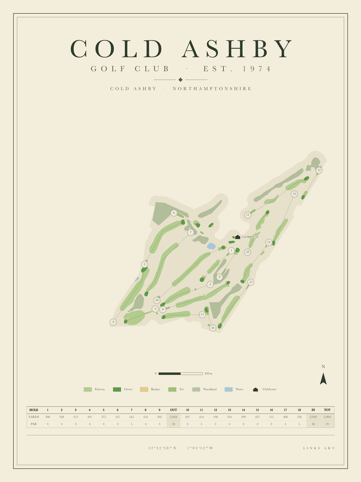 Cold Ashby golf course map poster, portrait