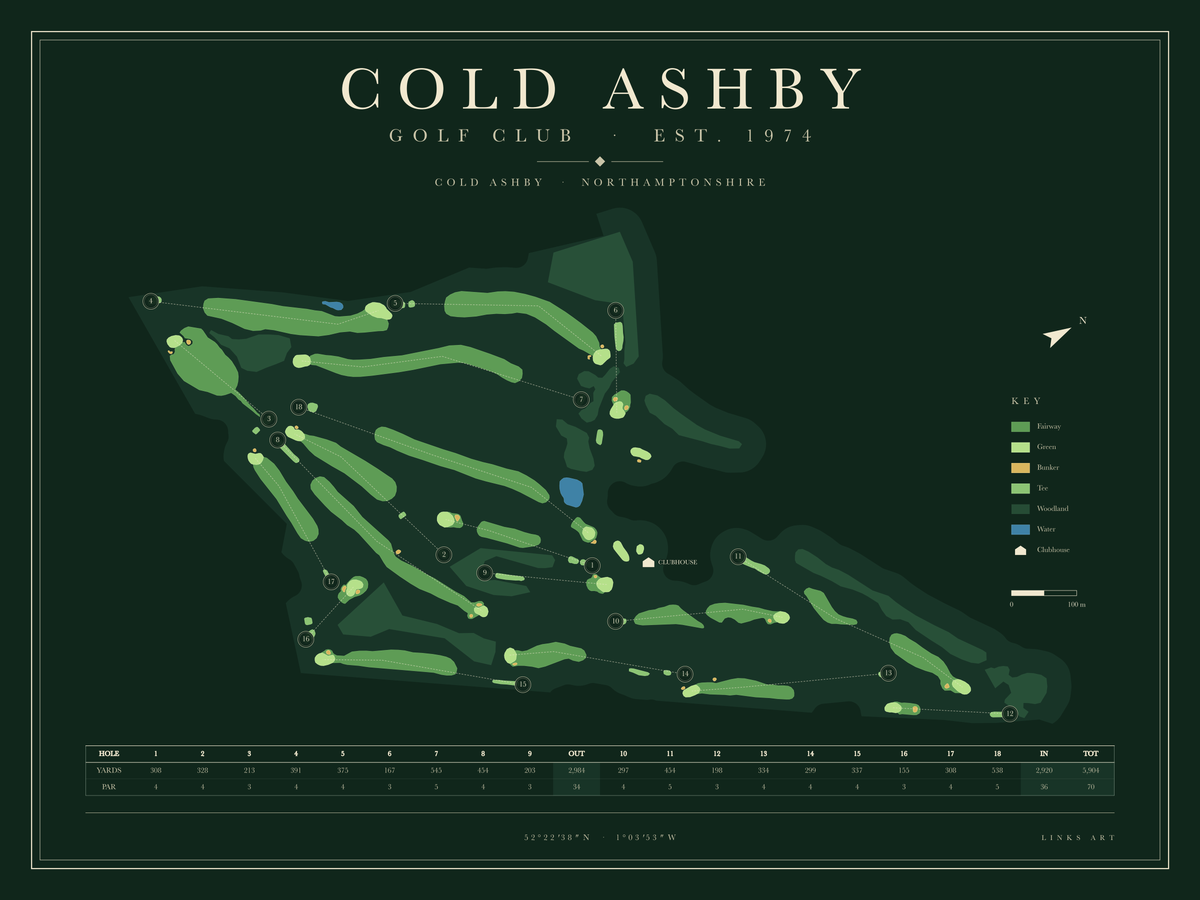 Cold Ashby golf course map poster, Fescue, landscape