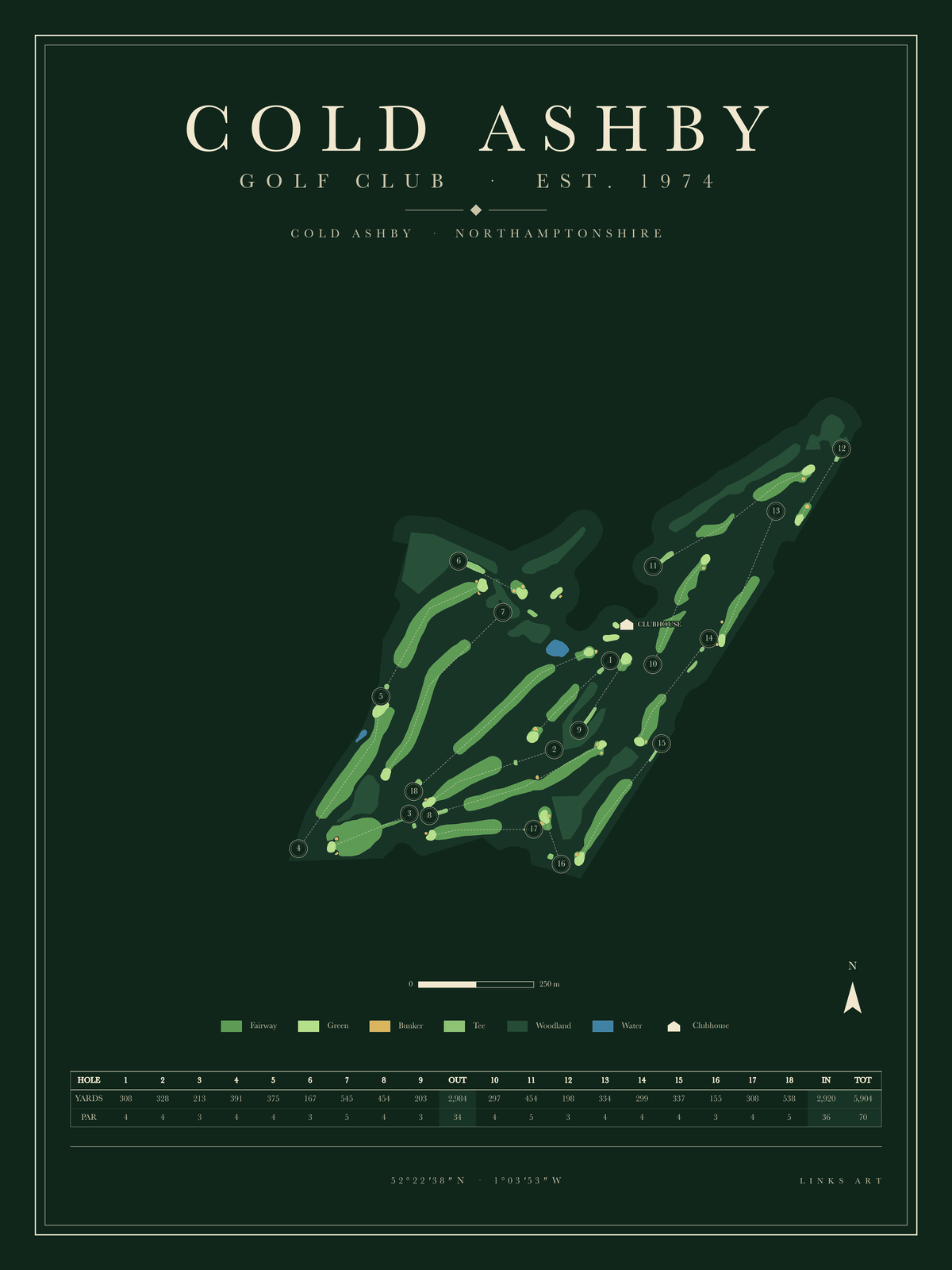 Cold Ashby golf course map poster, Fescue, portrait