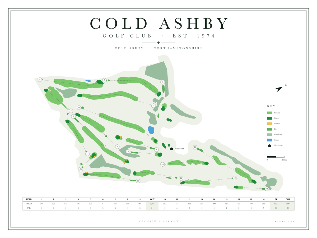 Cold Ashby golf course map poster, Chalk, landscape