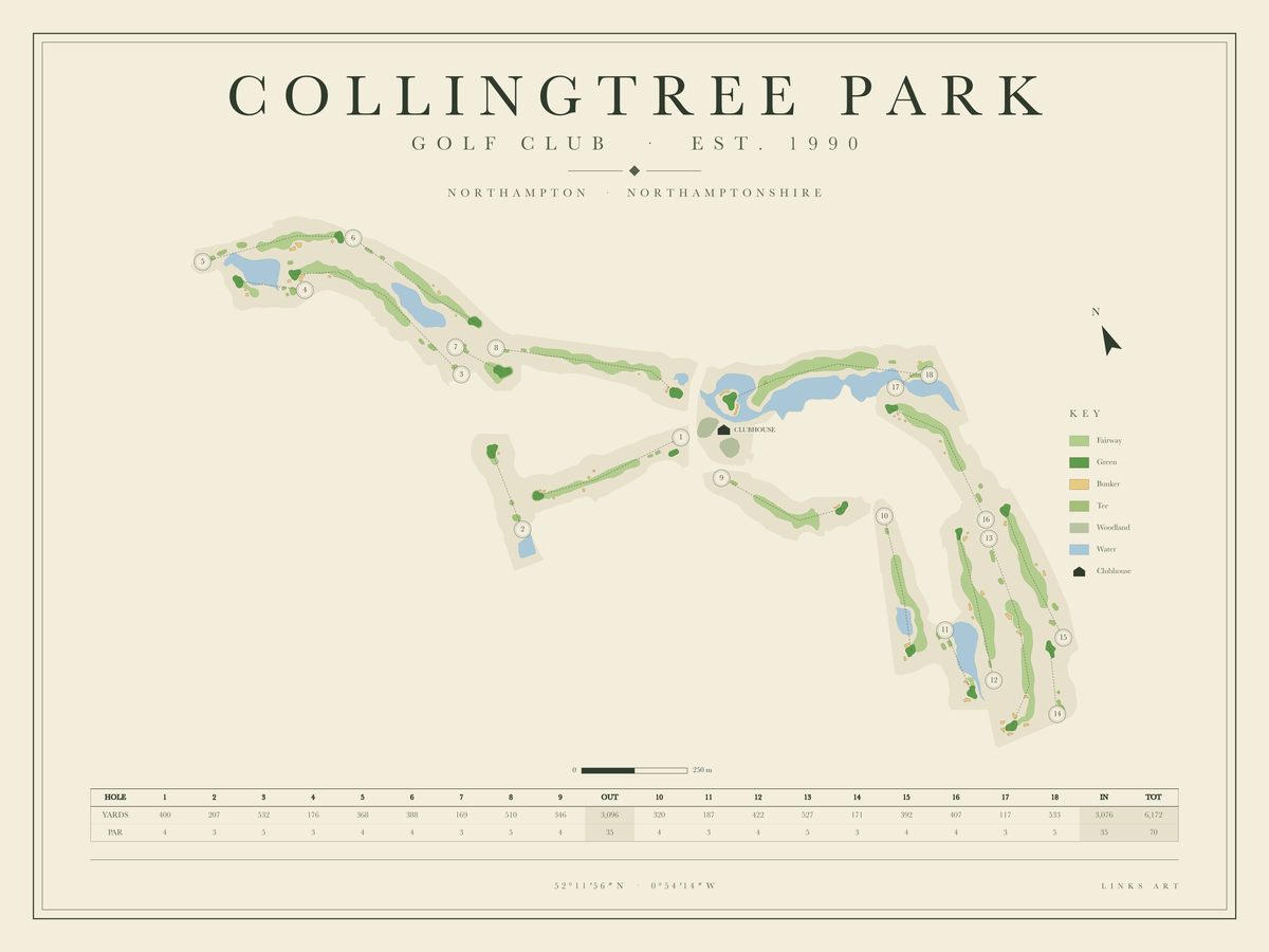 Collingtree Park golf course map poster, landscape