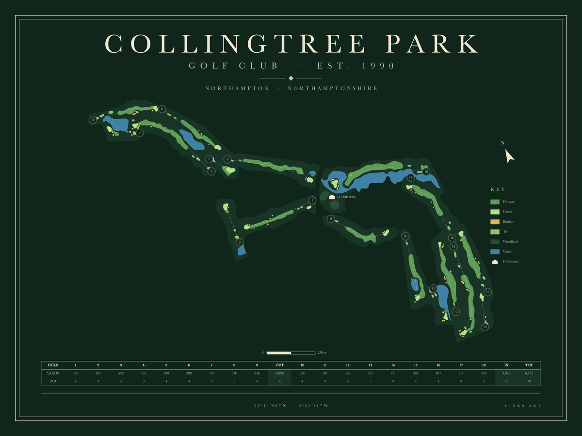 Collingtree Park golf course map poster, Fescue, landscape