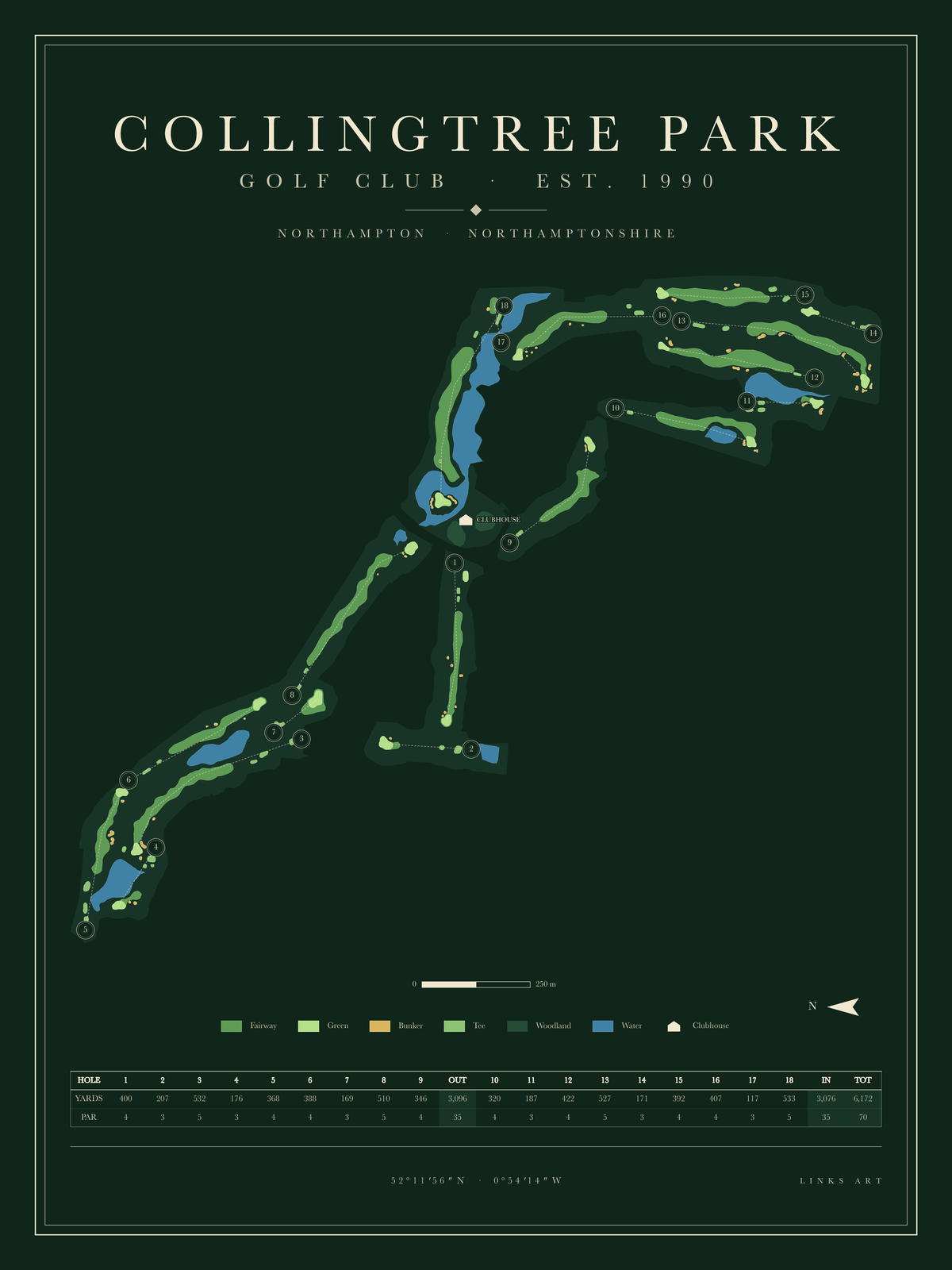 Collingtree Park golf course map poster, Fescue, portrait