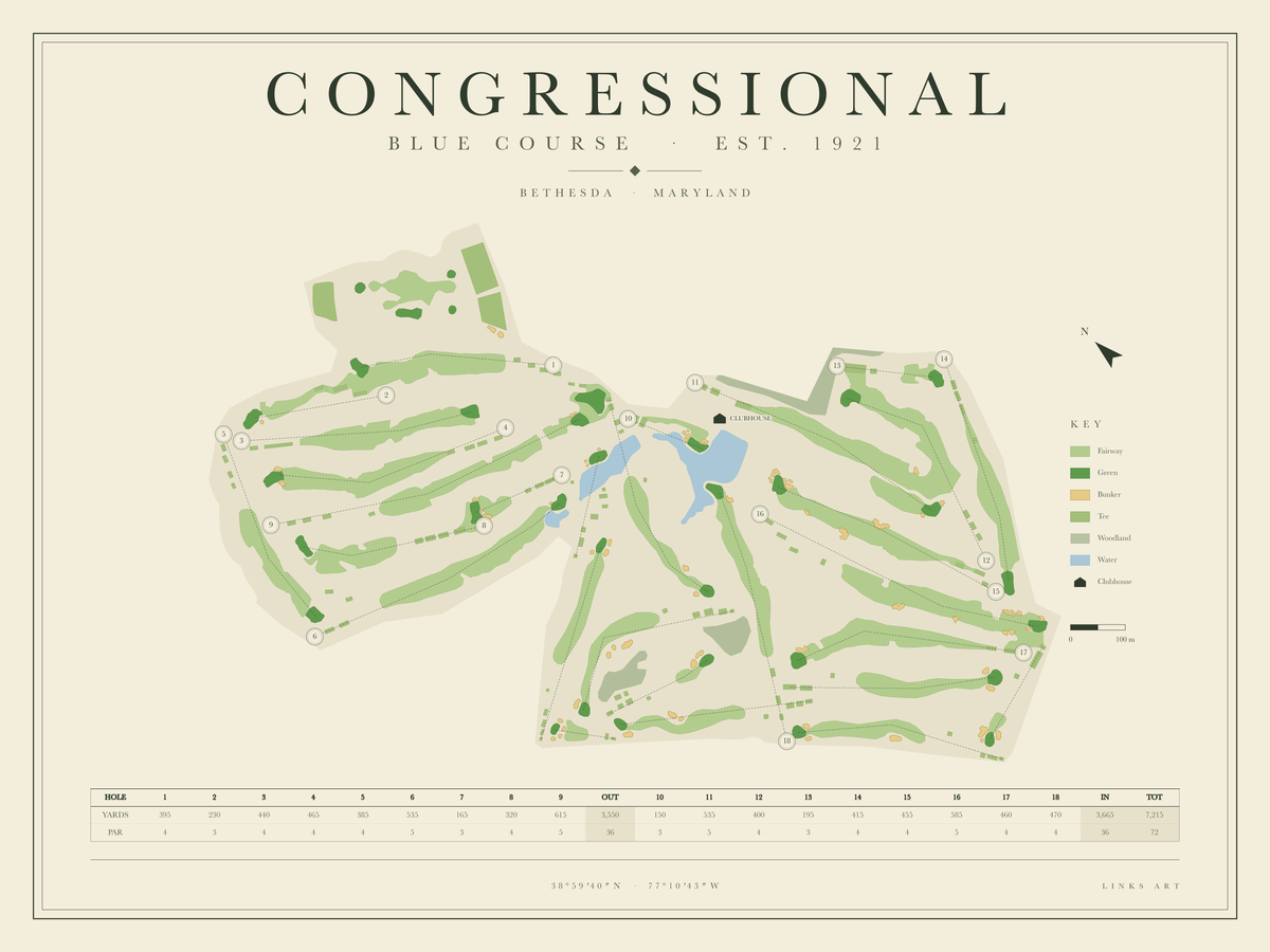 Congressional Blue Course golf course map poster, landscape