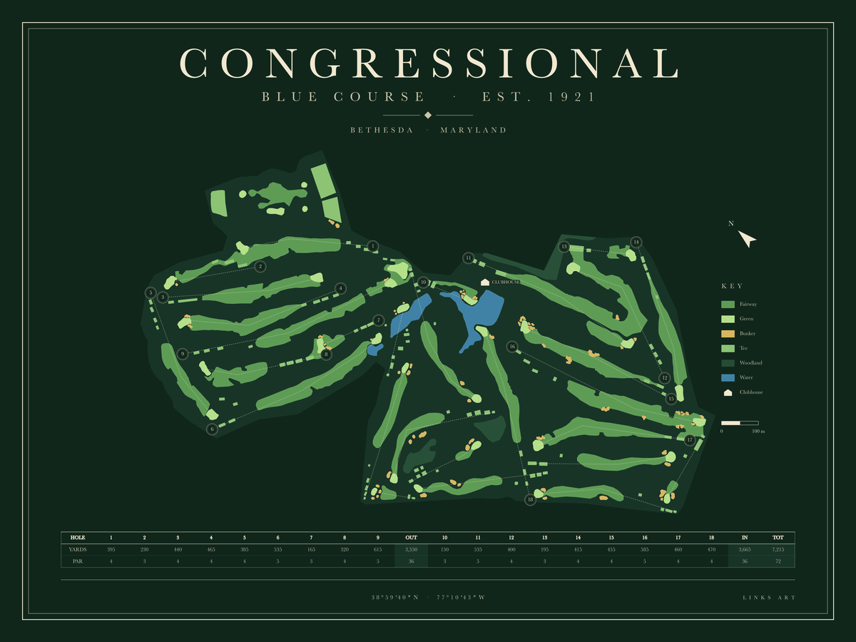Congressional Blue Course Map golf course map poster, Fescue, landscape