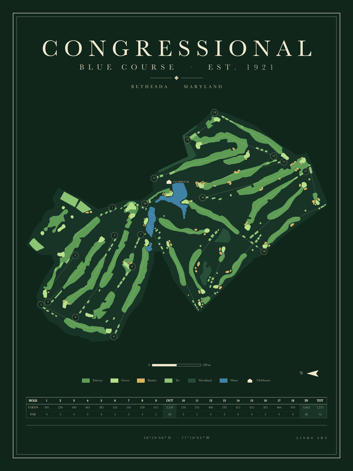 Congressional Blue Course Map golf course map poster, Fescue, portrait