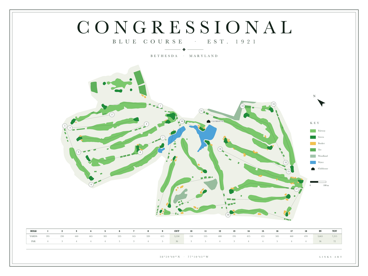 Congressional Blue Course Map golf course map poster, Chalk, landscape