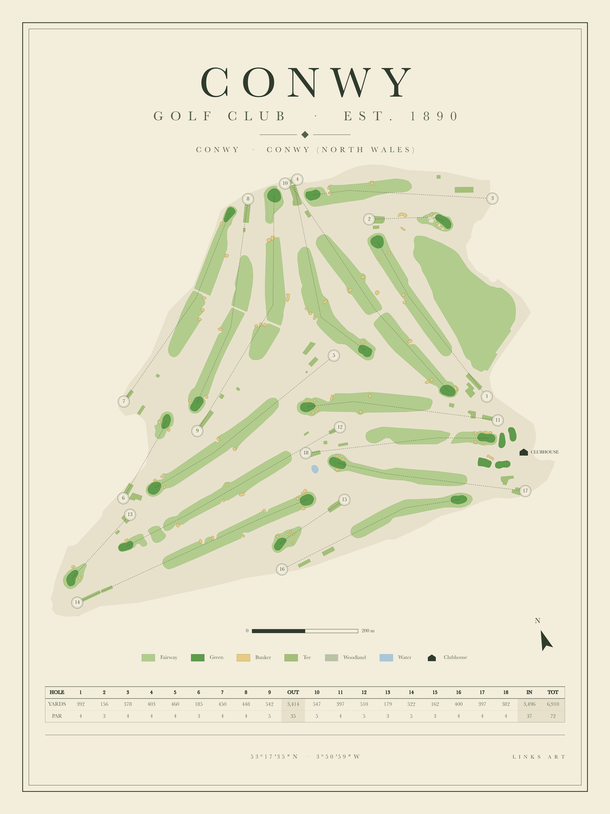 Conwy golf course map poster, portrait