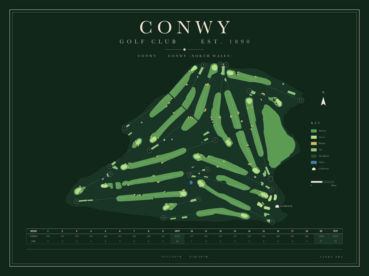Conwy golf course map poster, Fescue, landscape