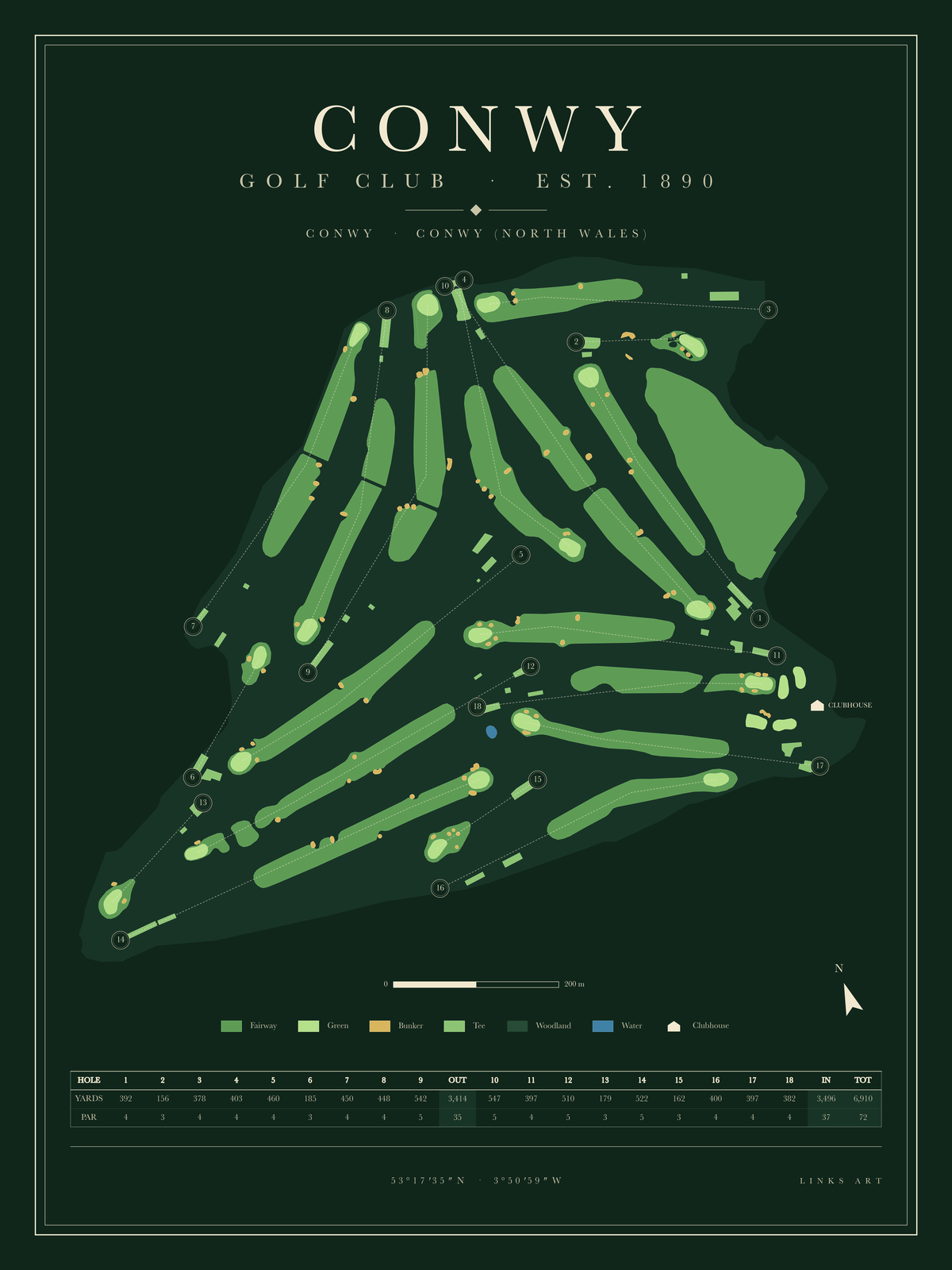 Conwy golf course map poster, Fescue, portrait
