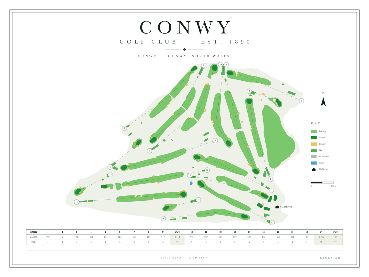 Conwy golf course map poster, Chalk, landscape