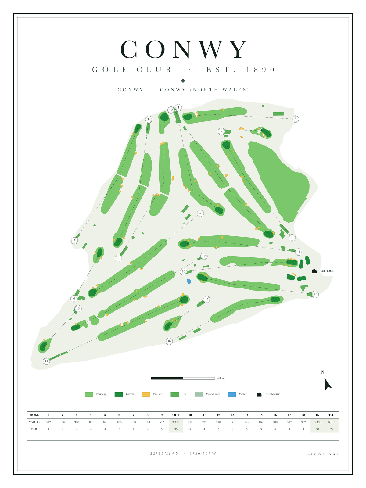 Conwy golf course map poster, Chalk, portrait