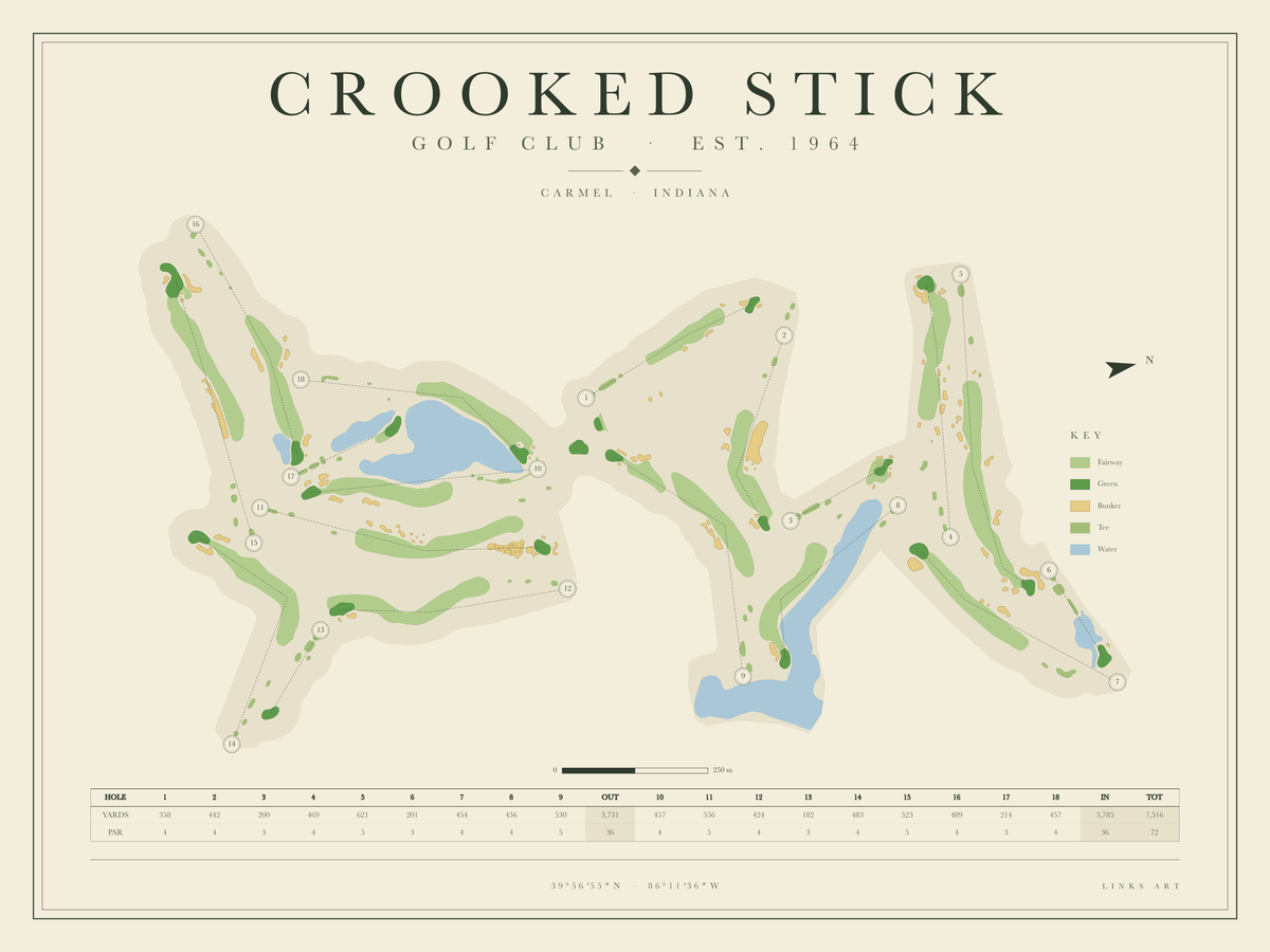 Crooked Stick golf course map poster, landscape