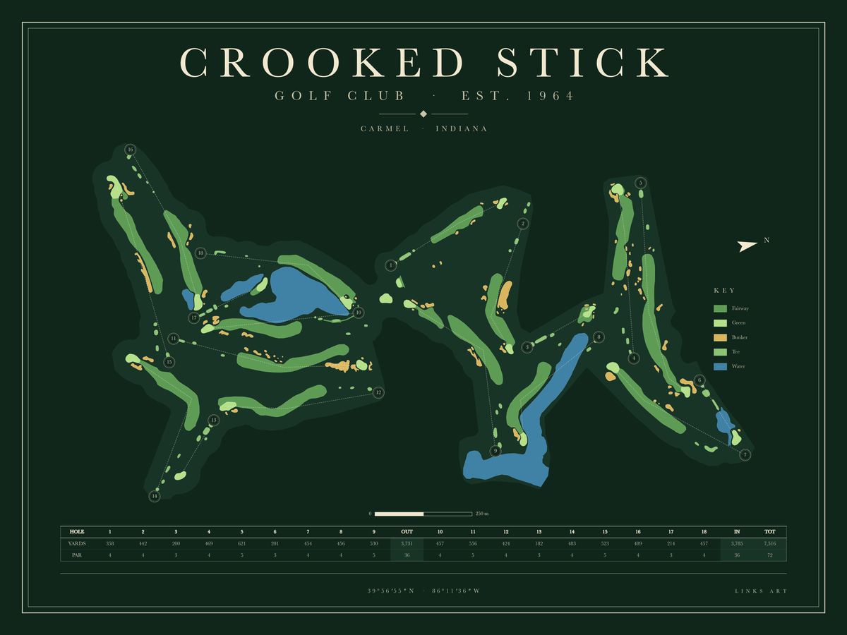 Crooked Stick golf course map poster, Fescue, landscape