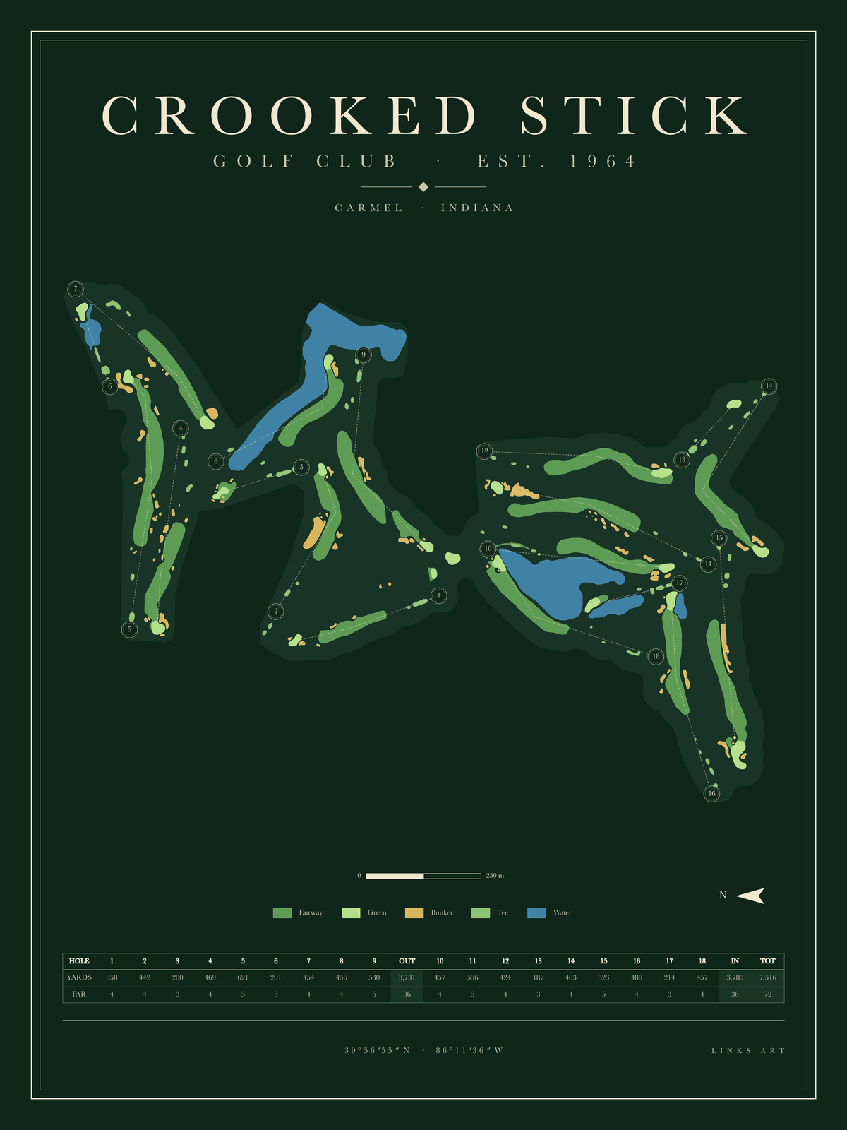 Crooked Stick golf course map poster, Fescue, portrait