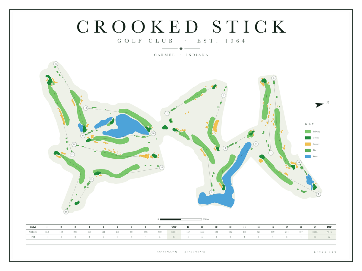 Crooked Stick golf course map poster, Chalk, landscape