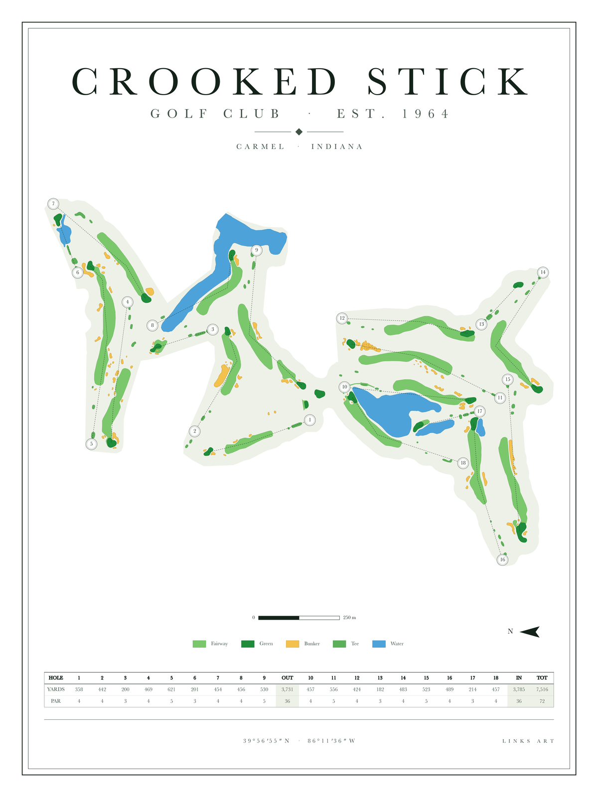 Crooked Stick golf course map poster, Chalk, portrait