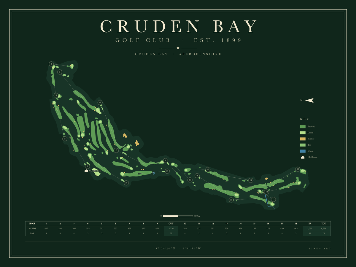 Cruden Bay golf course map poster, Fescue, landscape