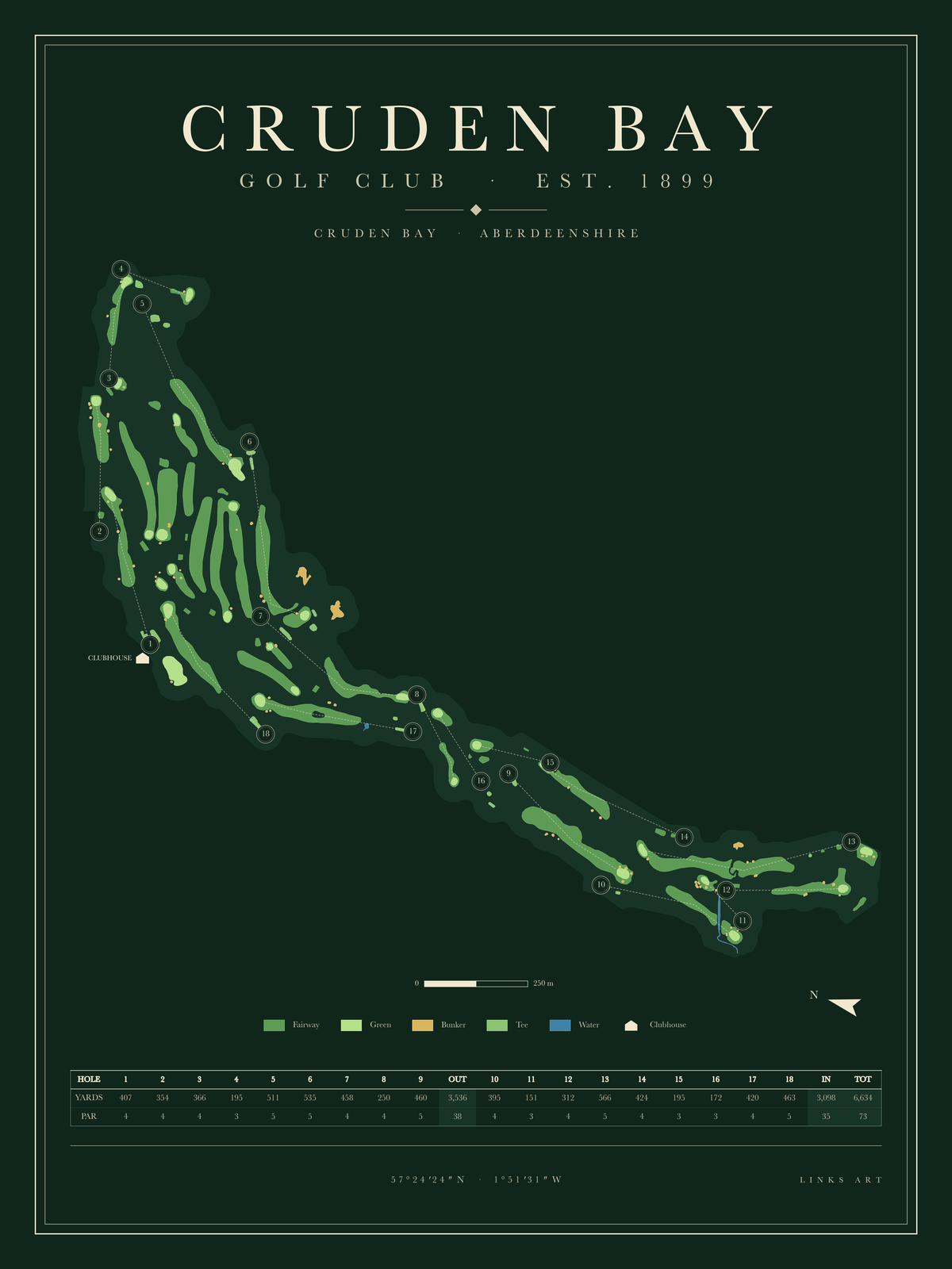 Cruden Bay golf course map poster, Fescue, portrait