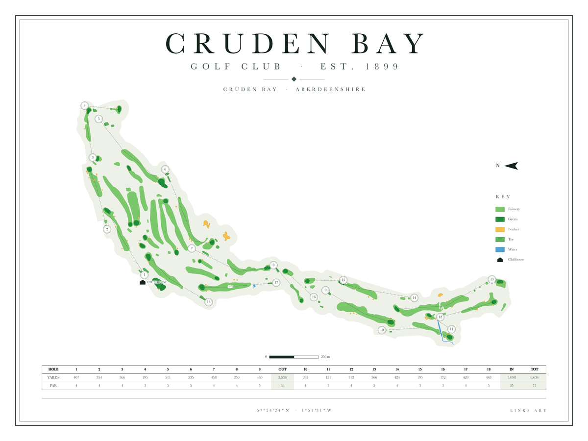 Cruden Bay golf course map poster, Chalk, landscape