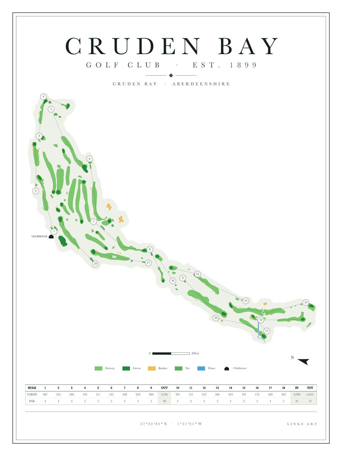 Cruden Bay golf course map poster, Chalk, portrait