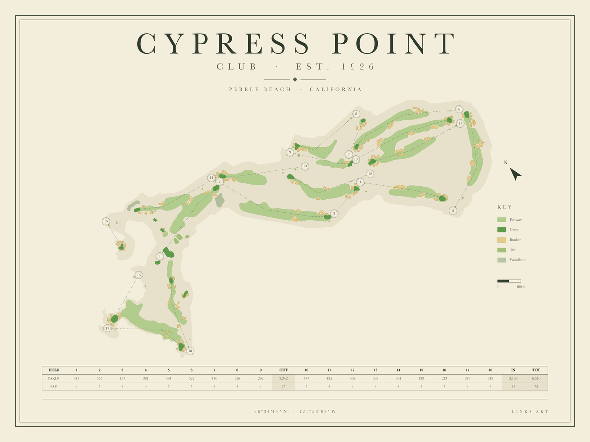 Cypress Point golf course map poster, landscape