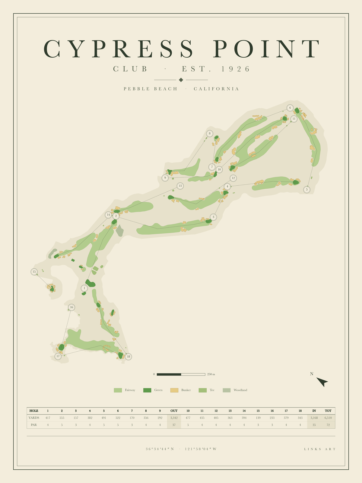 Cypress Point golf course map poster, portrait