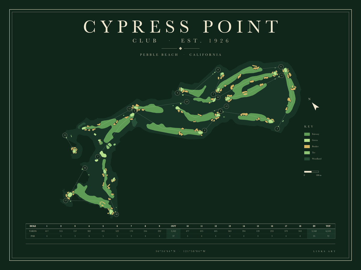 Cypress Point golf course map poster, Fescue, landscape