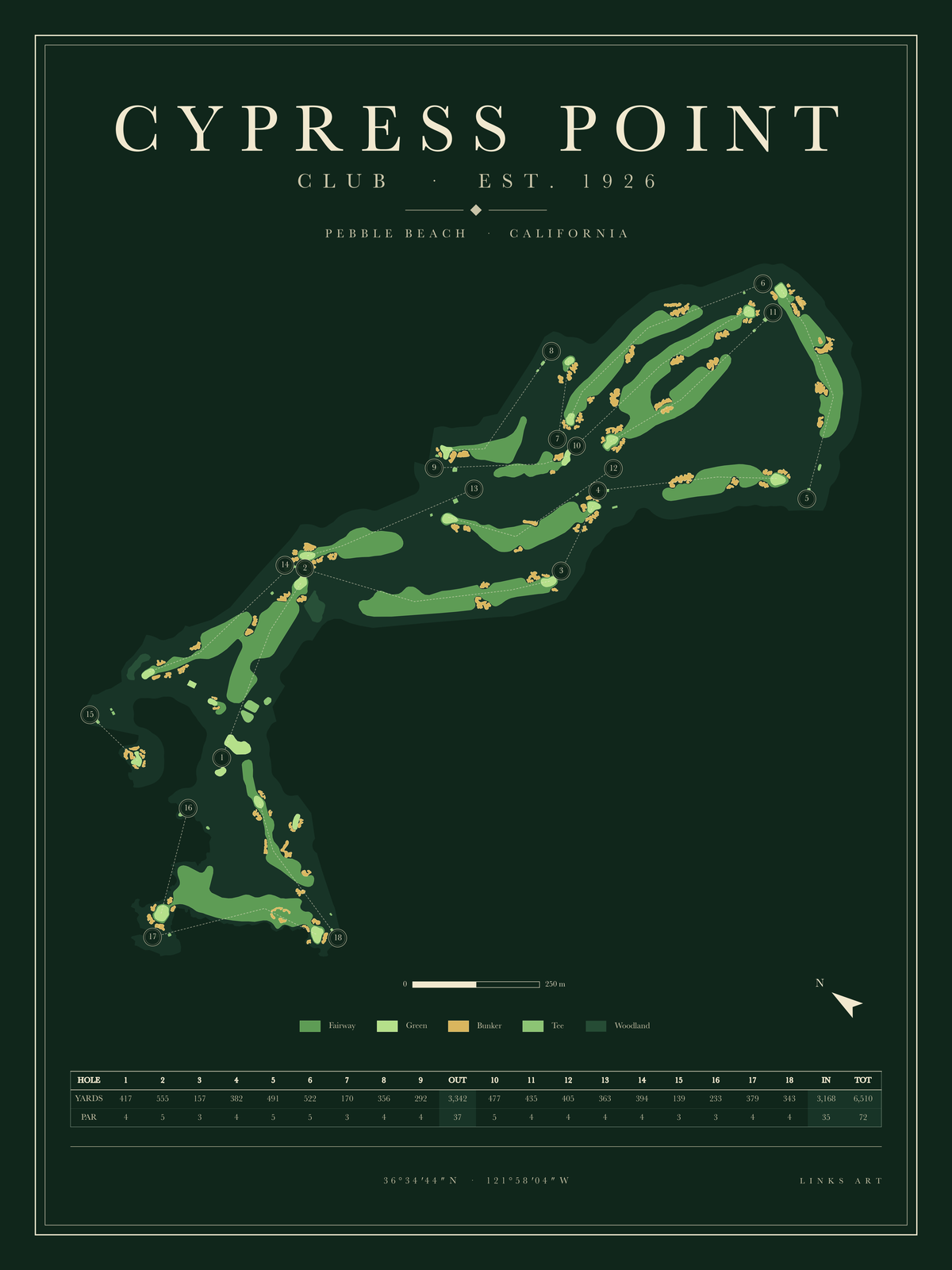 Cypress Point golf course map poster, Fescue, portrait