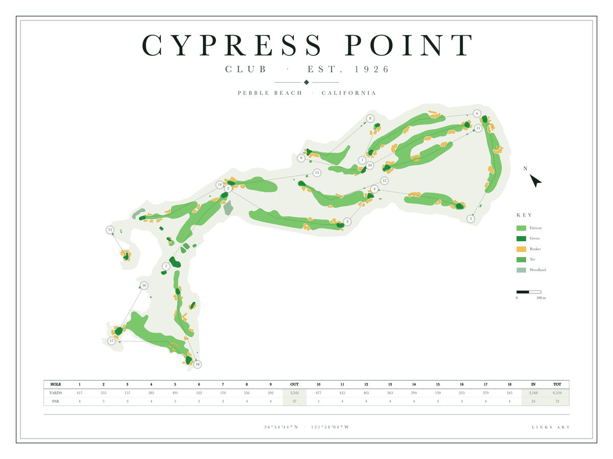 Cypress Point golf course map poster, Chalk, landscape