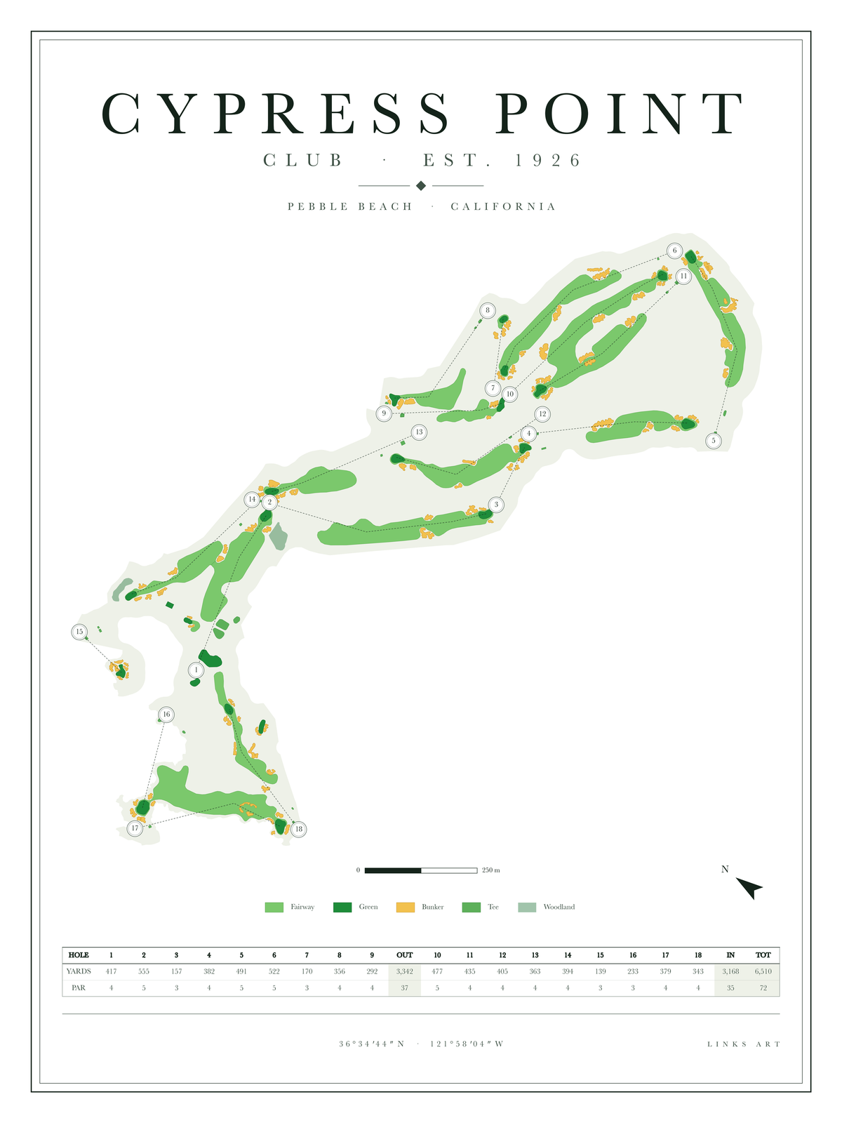 Cypress Point golf course map poster, Chalk, portrait