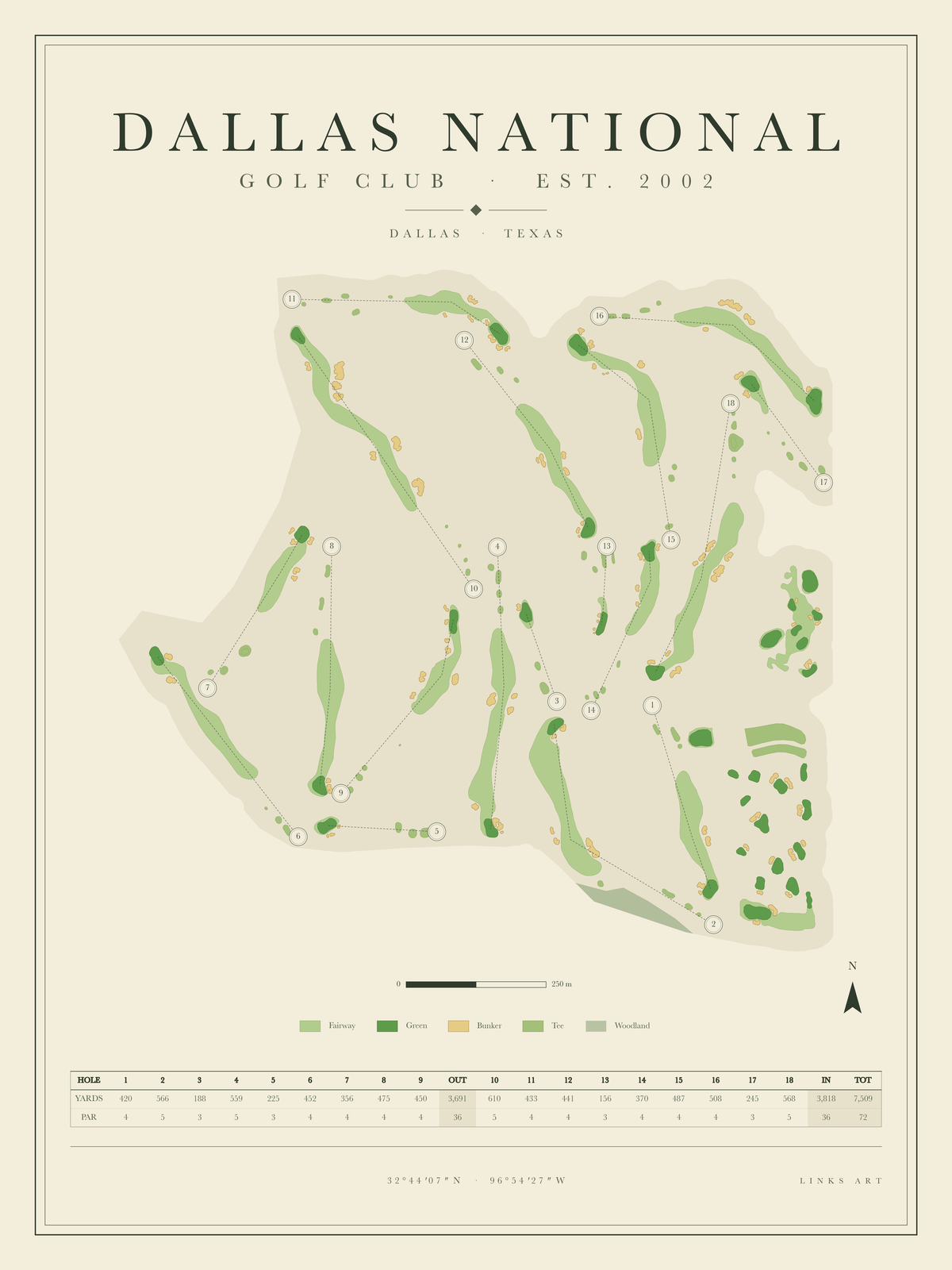 Dallas National golf course map poster, portrait